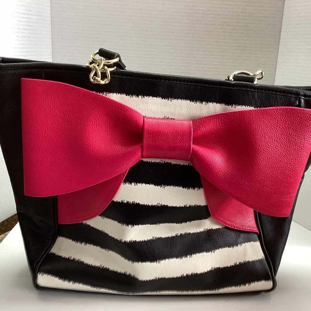 Betsey Johnson Black White Striped Shoulder Tote Handbag Large Pink Bow JS1